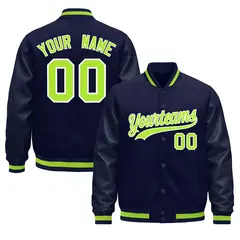 Navy Neon Green Varsity Jacket Leather Sleeves Wrinkle-Resistant 1
