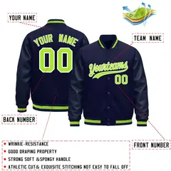 Navy Neon Green Varsity Jacket Leather Sleeves Wrinkle-Resistant 2