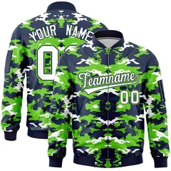 Navy Neon Green-White Camo Varsity Full-Zip Letterman Bomber Jacket