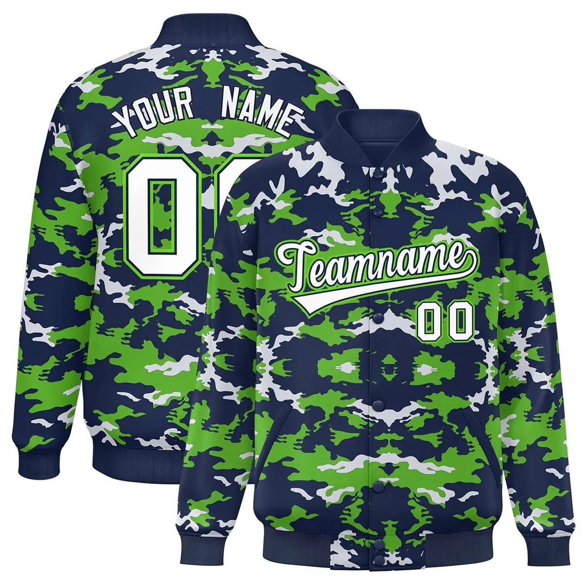 Navy Neon Green-White Camo Varsity Letterman Jacket