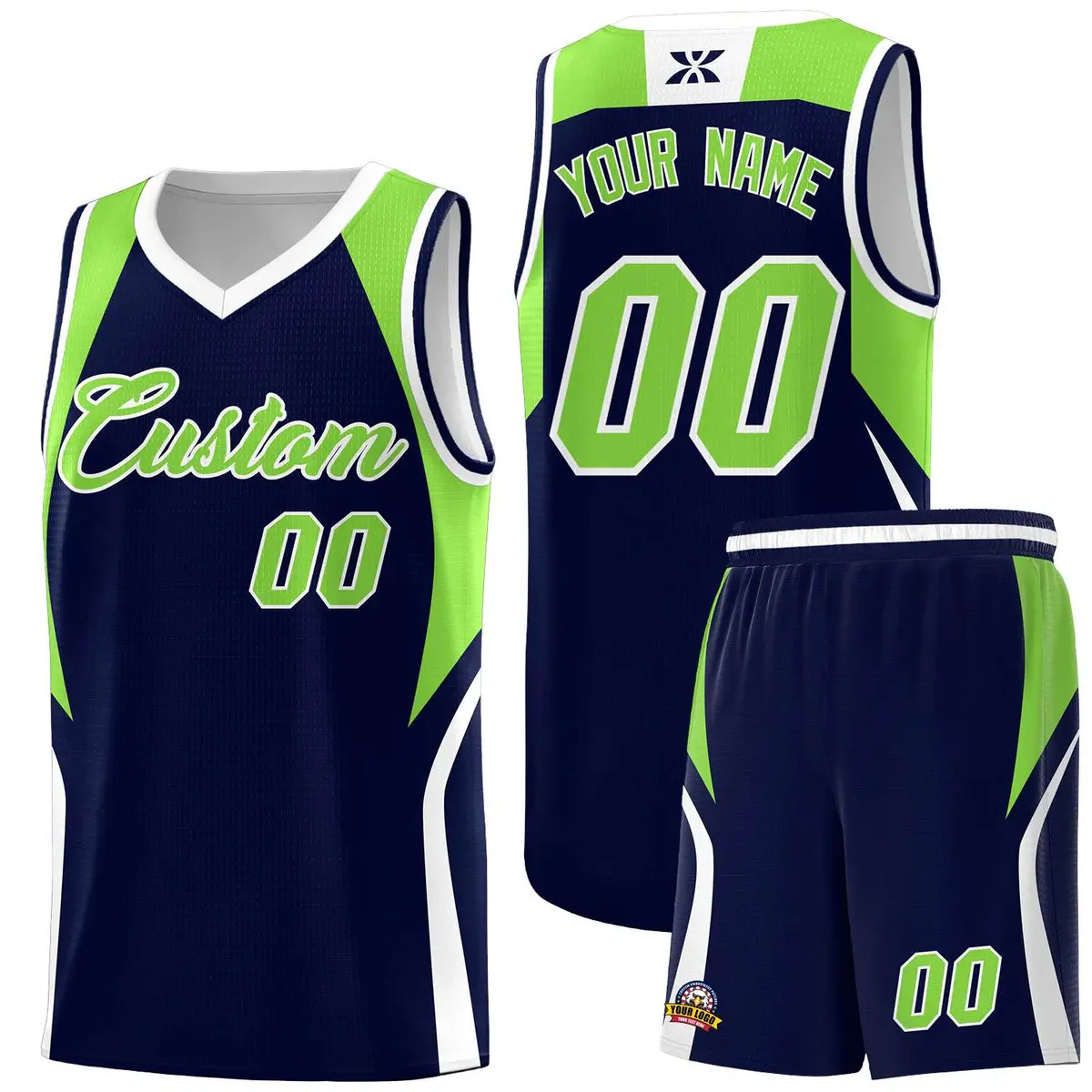 Navy Neon Green White Color Block Basketball Jersey
