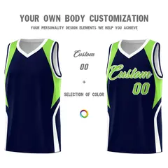 Navy Neon Green White Color Block Basketball Jersey 3