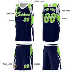 Navy Neon Green White Color Block Basketball Jersey 5