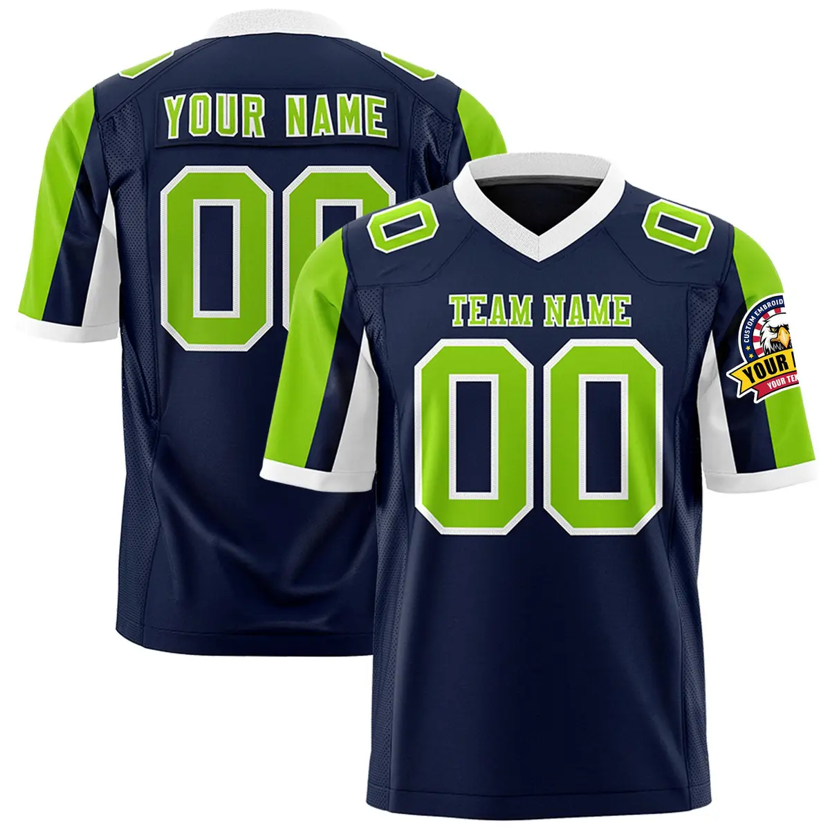 Navy Neon Green-White Color Block Raglan Sleeves Football Jersey