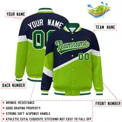 Navy Neon Green-White Color Block Varsity Baseball Jacket 2