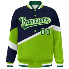 Navy Neon Green-White Color Block Varsity Baseball Jacket 3