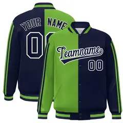 Navy Neon Green White Color Block Varsity Bomber Jacket