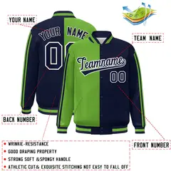 Navy Neon Green White Color Block Varsity Bomber Jacket 2