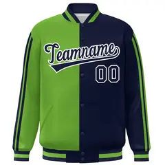 Navy Neon Green White Color Block Varsity Bomber Jacket 3