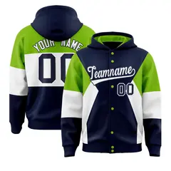 Navy Neon Green White Color Block Varsity Letterman Jacket Hoodie