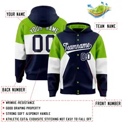 Navy Neon Green White Color Block Varsity Letterman Jacket Hoodie 4