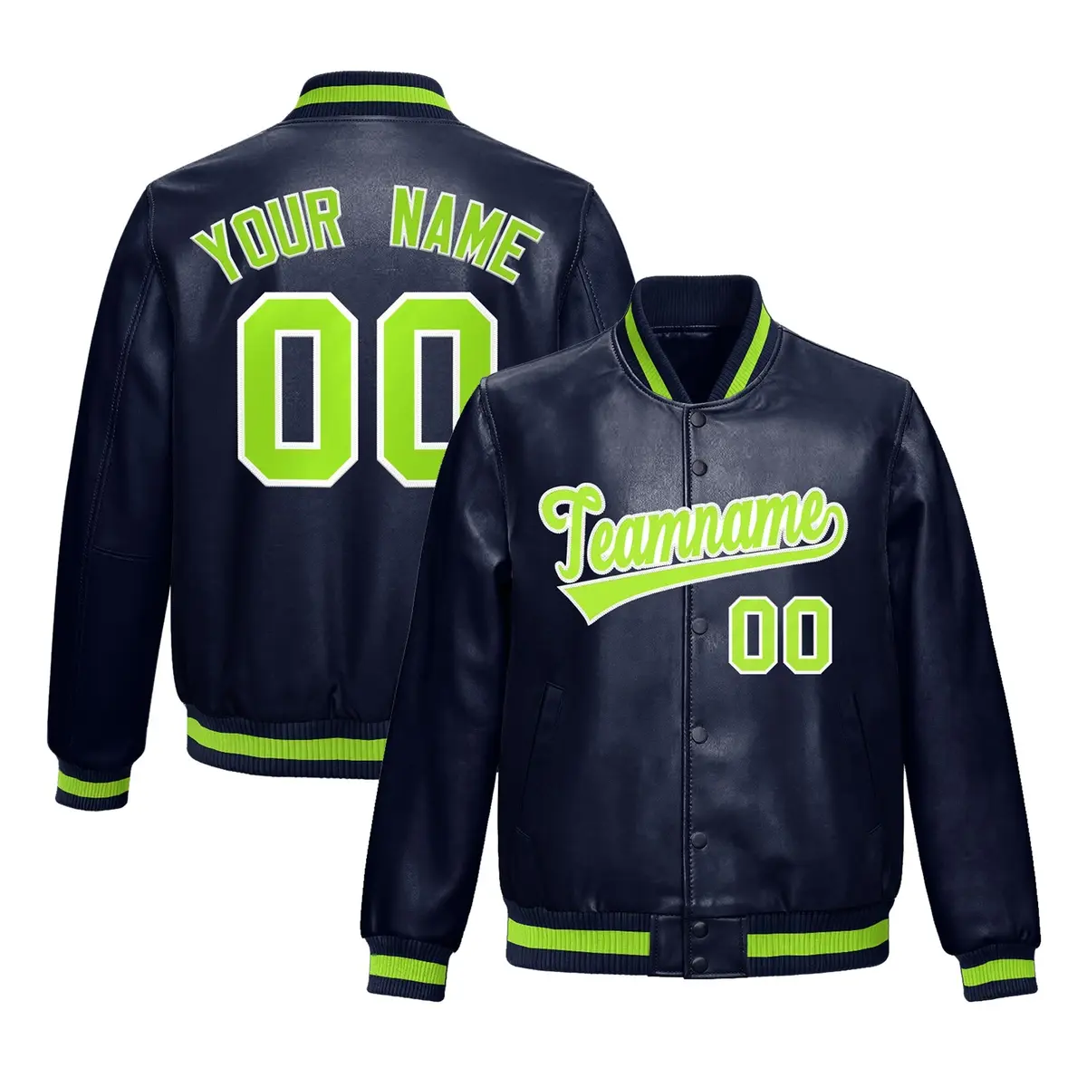 Navy Neon Green White Faux Leather Letterman Jacket Full-Snap Varsity
