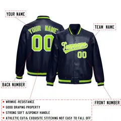 Navy Neon Green White Faux Leather Letterman Jacket Full-Snap Varsity 2