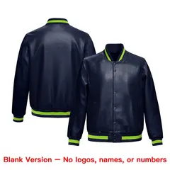 Navy Neon Green White Faux Leather Letterman Jacket Full-Snap Varsity 6