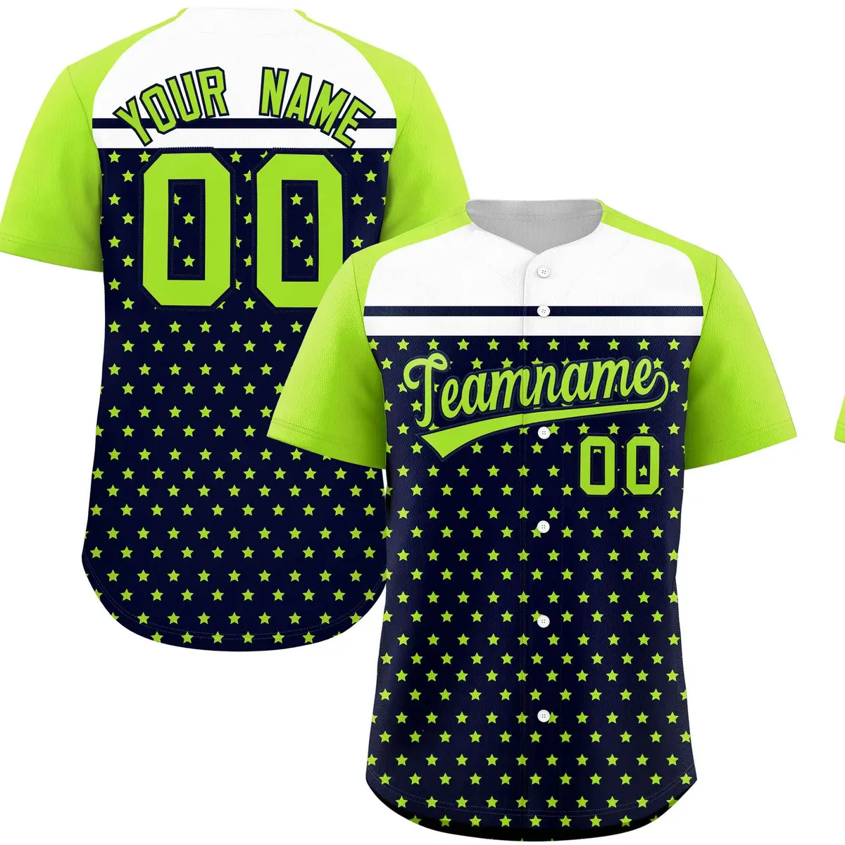 Navy Neon Green-White Raglan Star Print Baseball Jersey