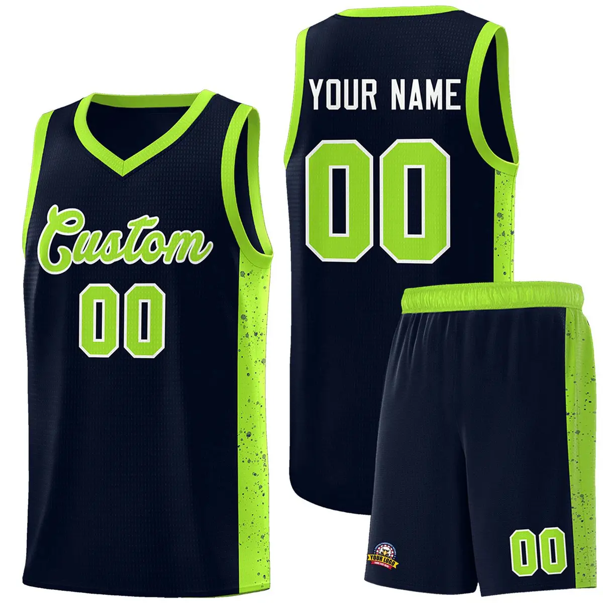 Navy Neon Green-White Side Splash Basketball Uniform Jersey