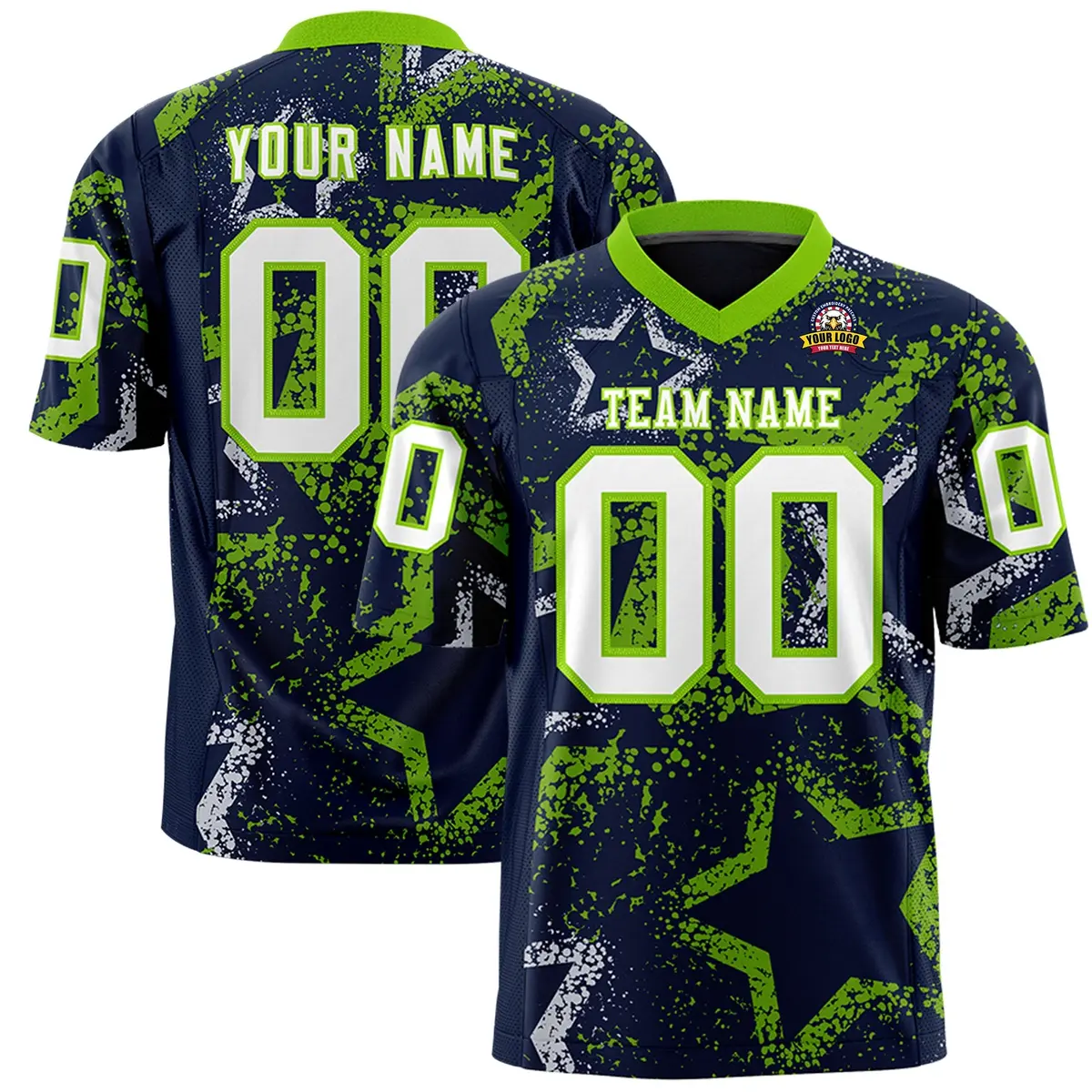 Navy Neon Green-White Star Graffiti Football Jersey