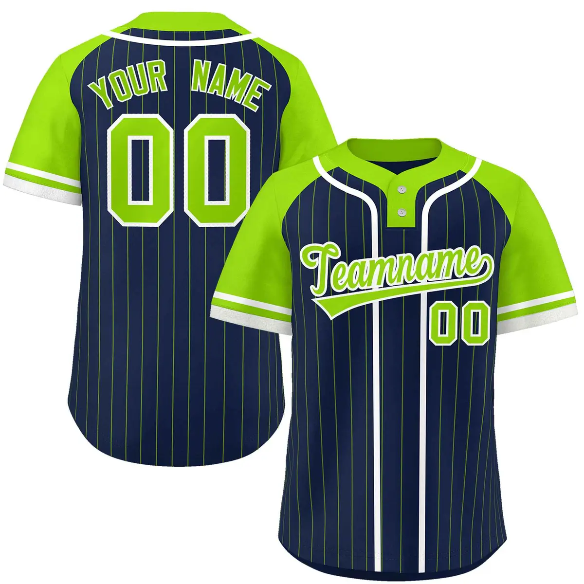 Navy Neon Green-White Stripe Raglan Two-Button Softball Jersey