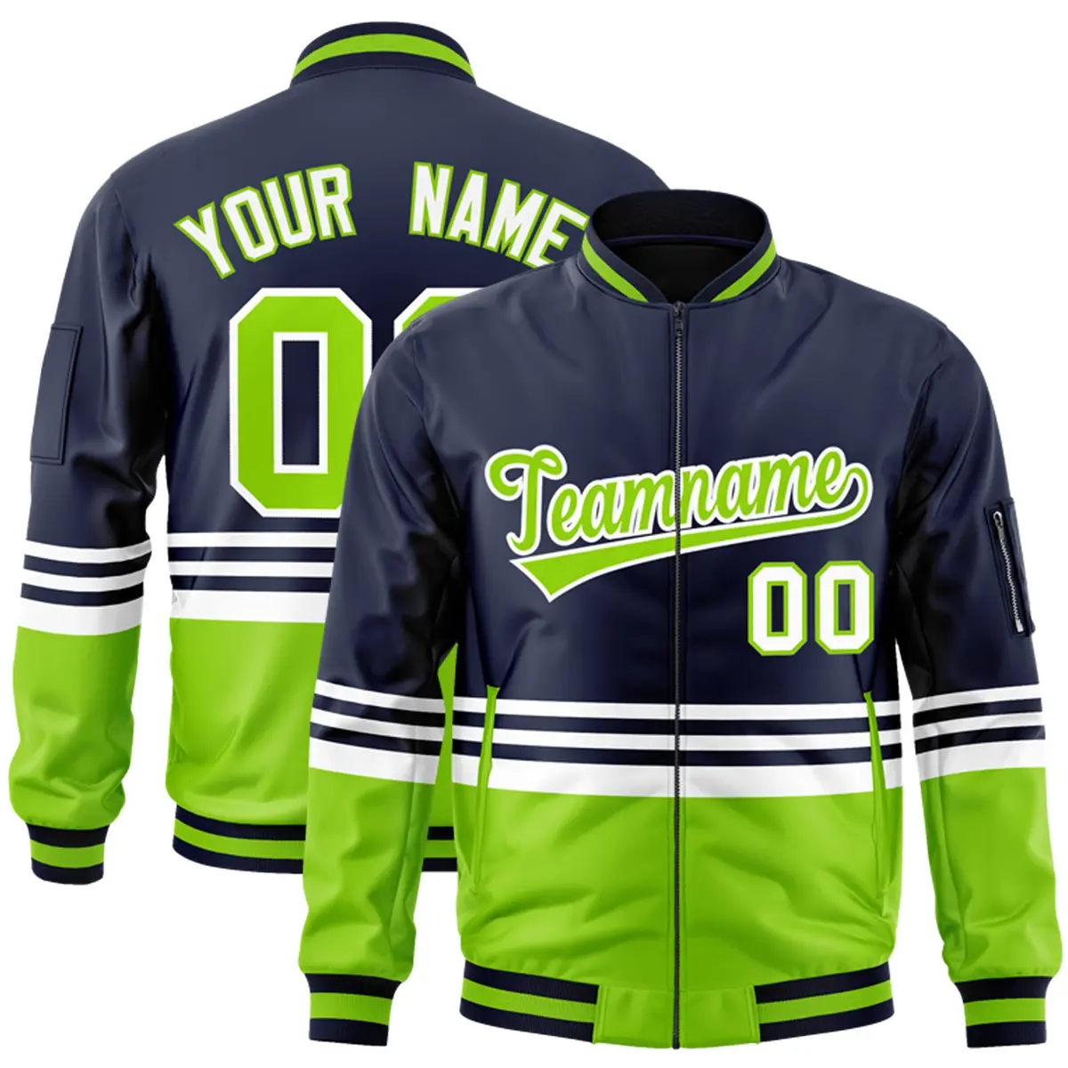 Navy Neon Green-White Varsity Color Block Letterman Bomber Jacket