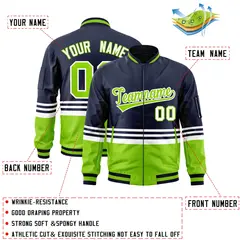 Navy Neon Green-White Varsity Color Block Letterman Bomber Jacket 2