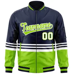 Navy Neon Green-White Varsity Color Block Letterman Bomber Jacket 3