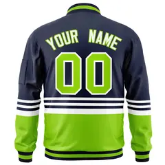 Navy Neon Green-White Varsity Color Block Letterman Bomber Jacket 4