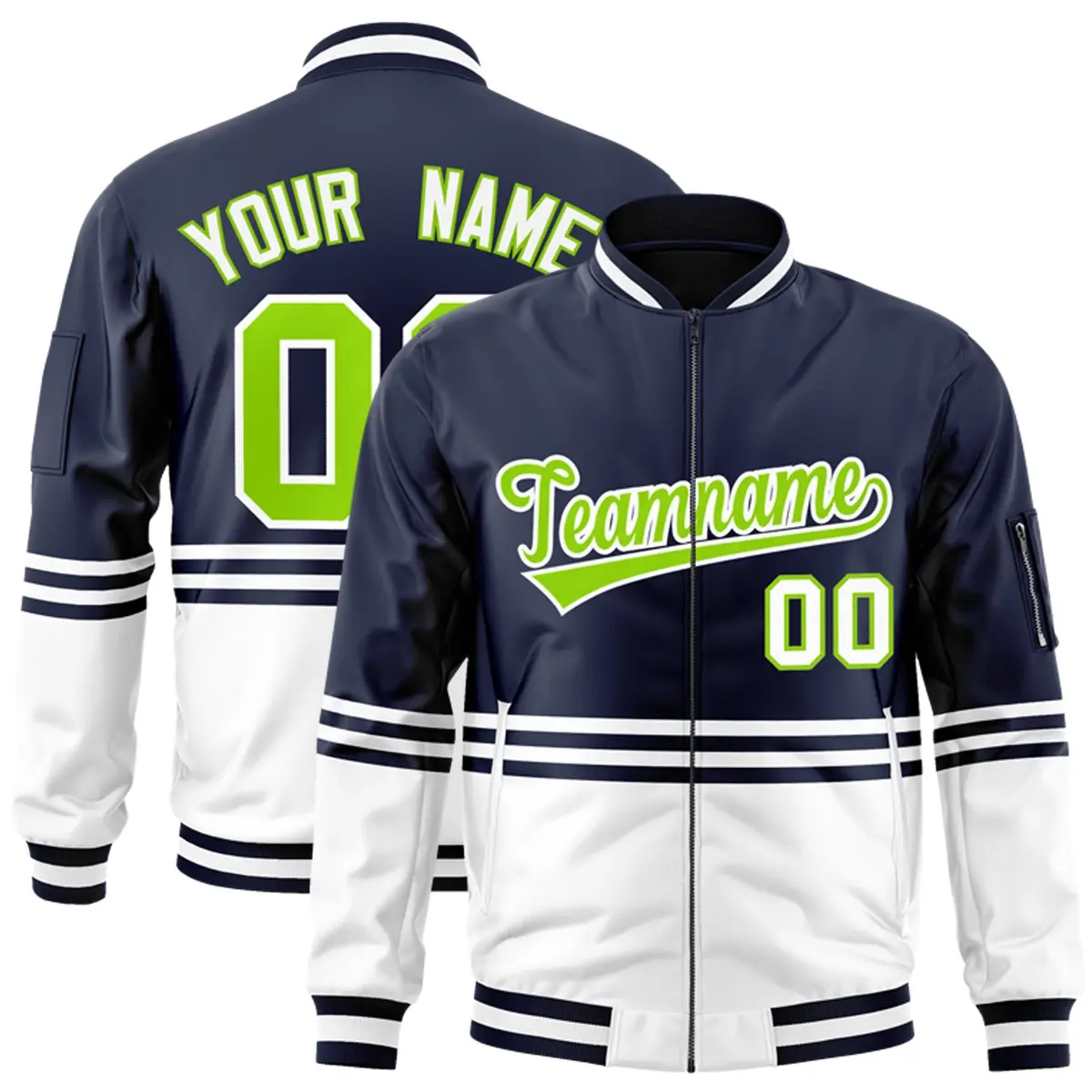 Navy Neon Green-White Varsity Color Block Letterman Bomber Jacket