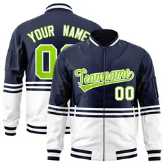 Navy Neon Green-White Varsity Color Block Letterman Bomber Jacket 1