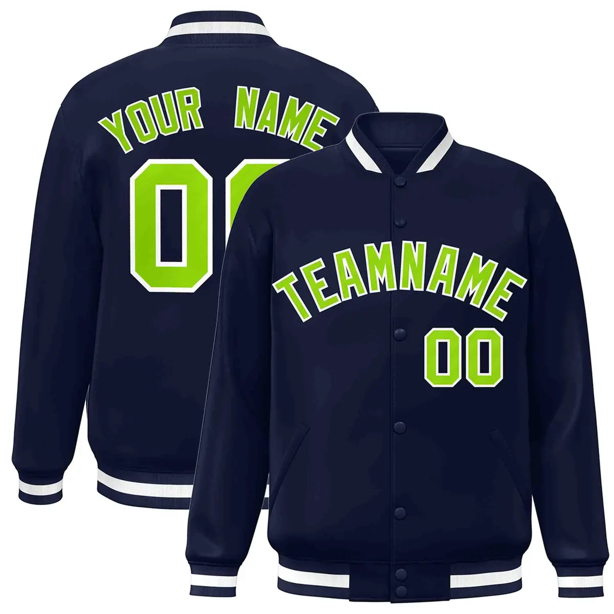 Navy Neon Green-White Varsity Full-Snap Letterman Jacket