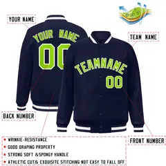 Navy Neon Green-White Varsity Full-Snap Letterman Jacket 2