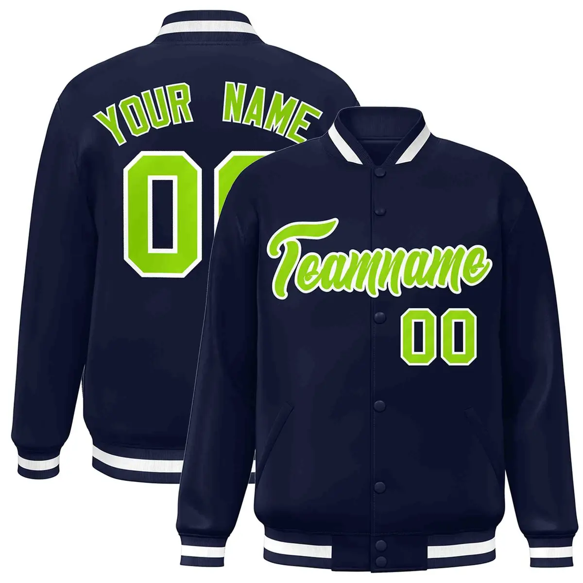 Navy Neon Green-White Varsity Full-Snap Letterman Jacket