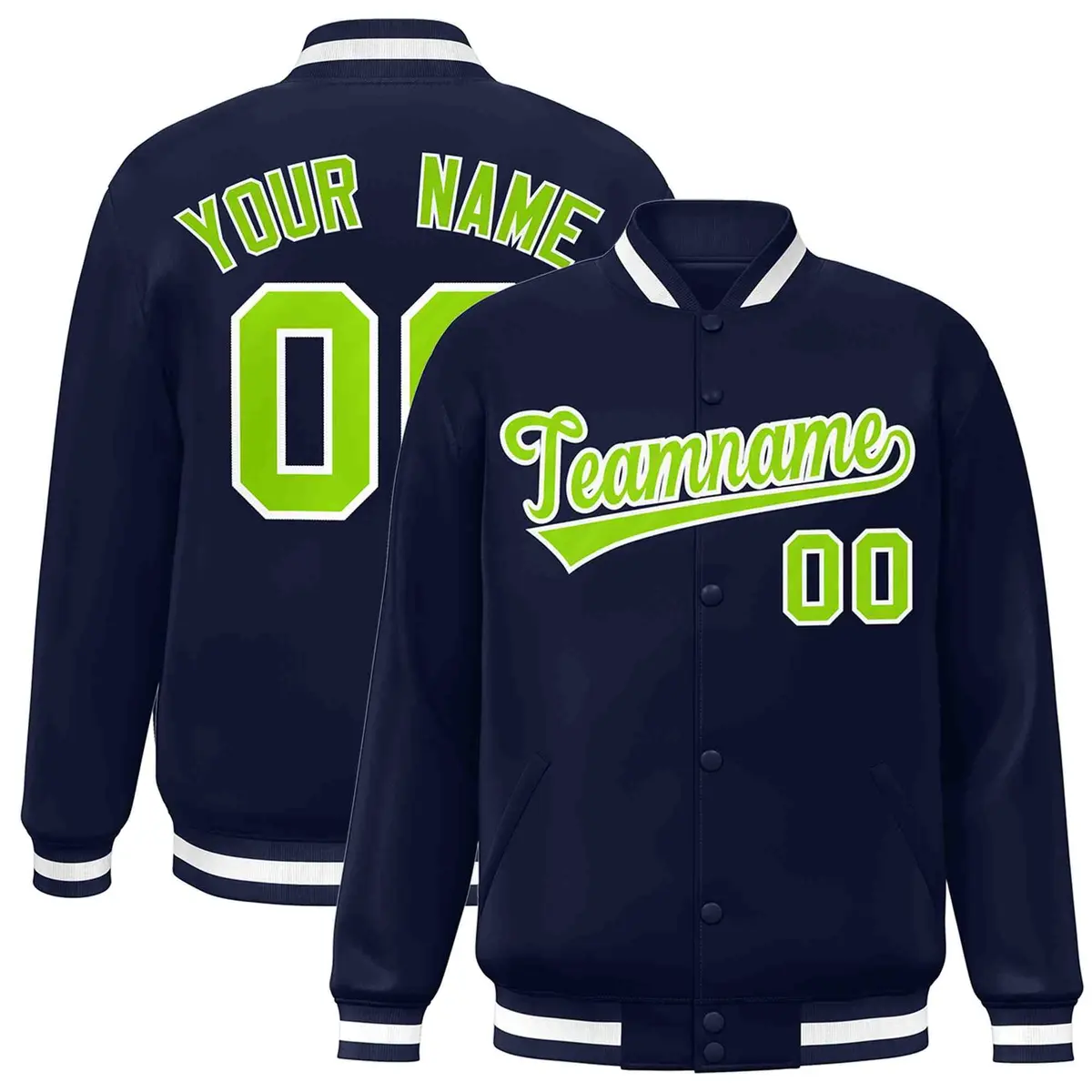 Navy Neon Green-White Varsity Full-Snap Letterman Jacket
