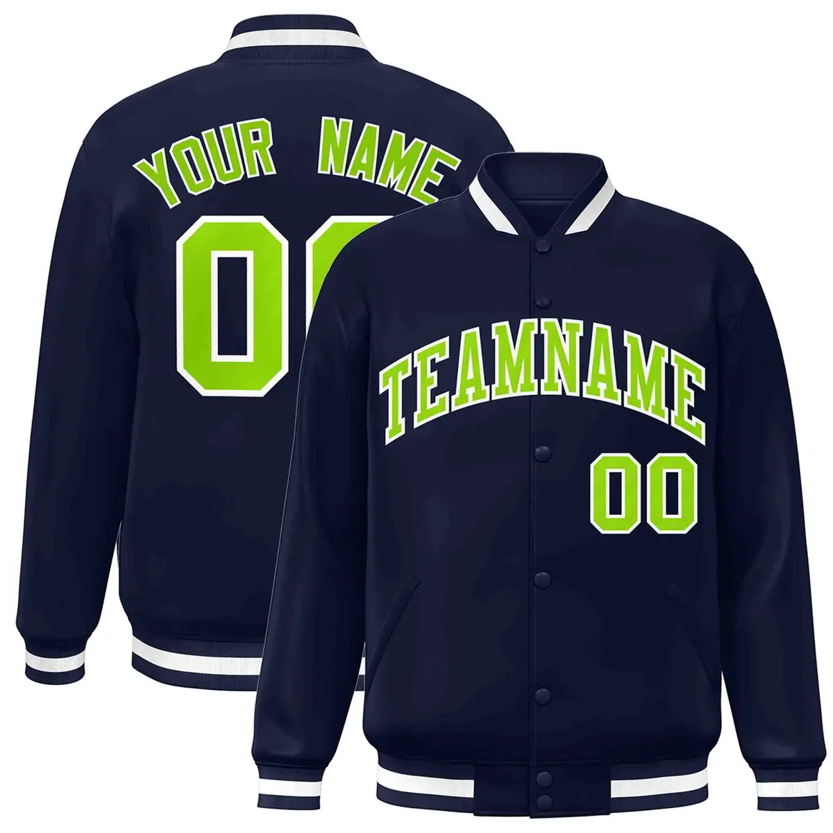 Navy Neon Green-White Varsity Full-Snap Letterman Jacket