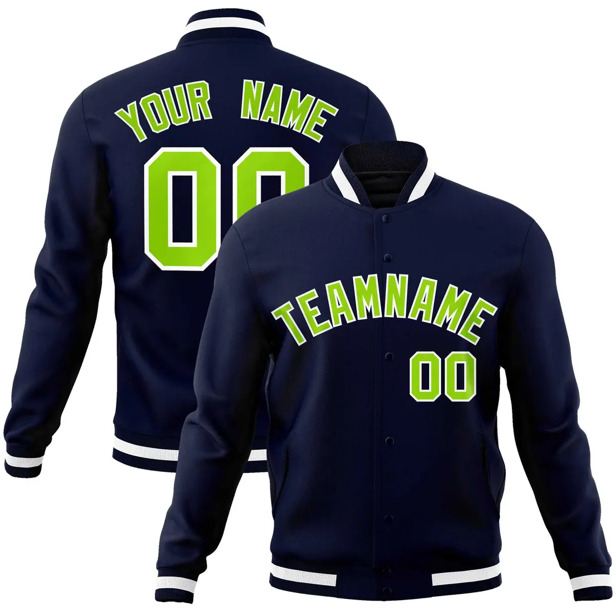 Navy Neon Green-White Varsity Full-Snap Letterman Jacket
