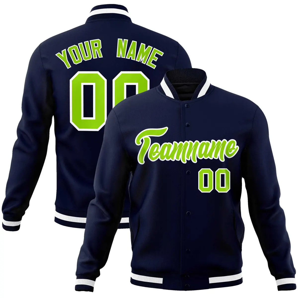 Navy Neon Green-White Varsity Full-Snap Letterman Jacket