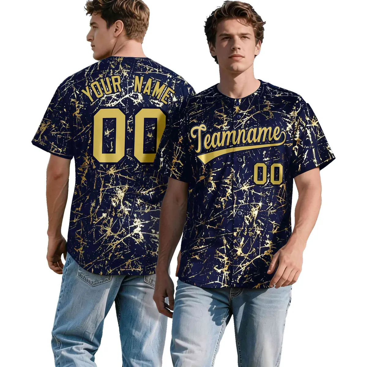 Navy Old Gold Black & Shiny Gold Cracked Foil Baseball Jersey