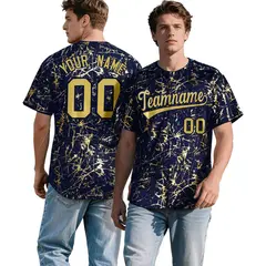 Navy Old Gold Black & Shiny Gold Cracked Foil Baseball Jersey 1