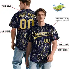 Navy Old Gold Black & Shiny Gold Cracked Foil Baseball Jersey 2