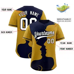 Navy Old Gold Couple Silhouettes Valentine's Day Baseball Jersey 3