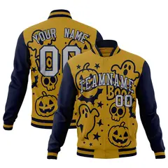 Navy Old Gold Gray Halloween Bats Pumpkins Ghost Letterman Jacket 1