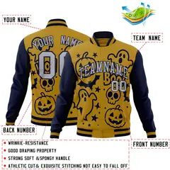 Navy Old Gold Gray Halloween Bats Pumpkins Ghost Letterman Jacket 2