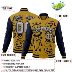 Navy Old Gold Gray Halloween Bats Pumpkins Ghost Letterman Jacket 8