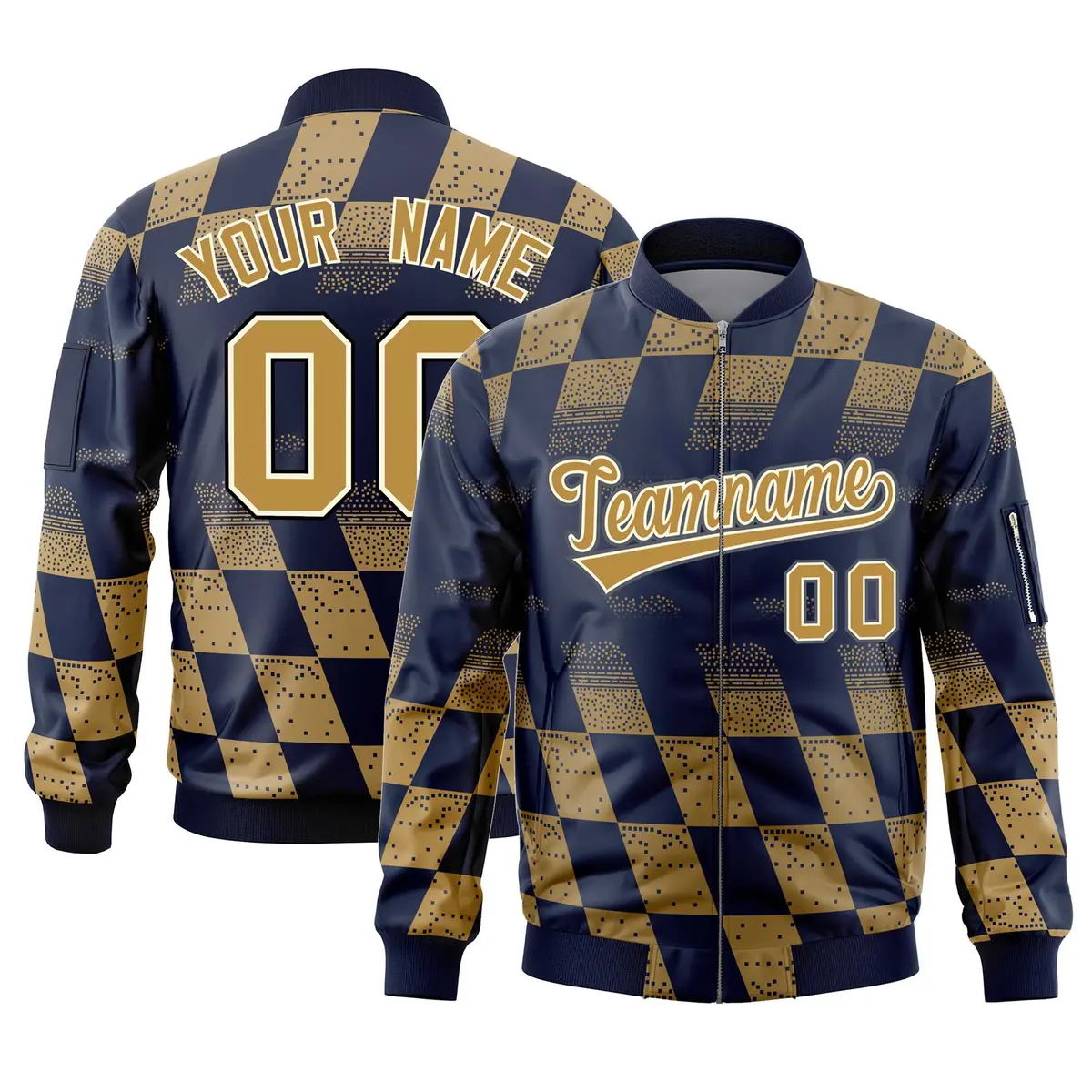 Navy Old Gold Grid Color Block Letterman Varsity Bomber Jacket