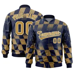 Navy Old Gold Grid Color Block Letterman Varsity Bomber Jacket