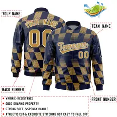 Navy Old Gold Grid Color Block Letterman Varsity Bomber Jacket 2
