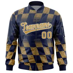 Navy Old Gold Grid Color Block Letterman Varsity Bomber Jacket 3