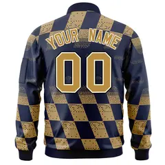 Navy Old Gold Grid Color Block Letterman Varsity Bomber Jacket 4