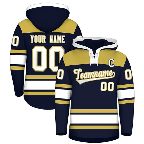 Navy Old Gold Lace-Up Neck Raglan Hockey Hoodie Jersey