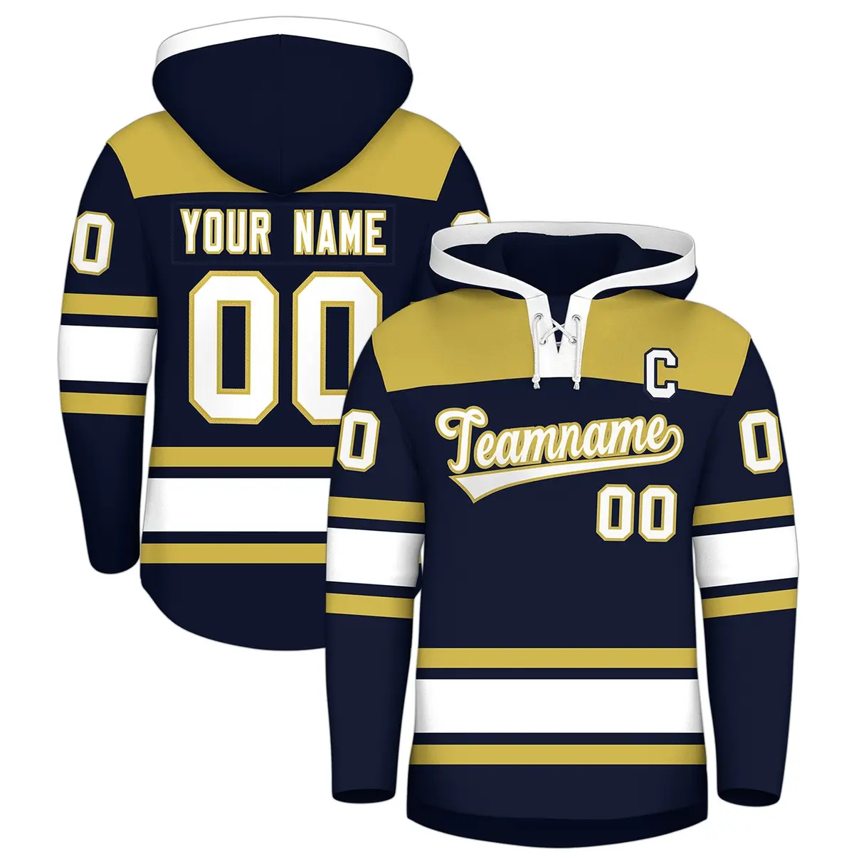 Navy Old Gold Lace-Up Neck Raglan Hockey Hoodie Jersey