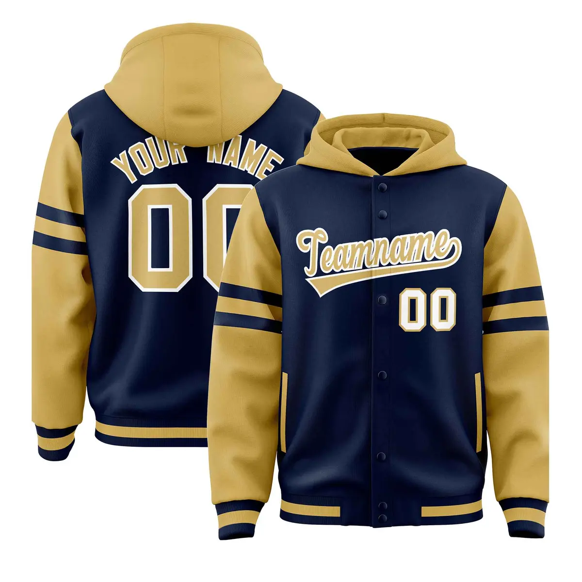 Navy Old Gold Raglan Varsity Full-Snap Three Stripes Letterman Jacket Hoodie